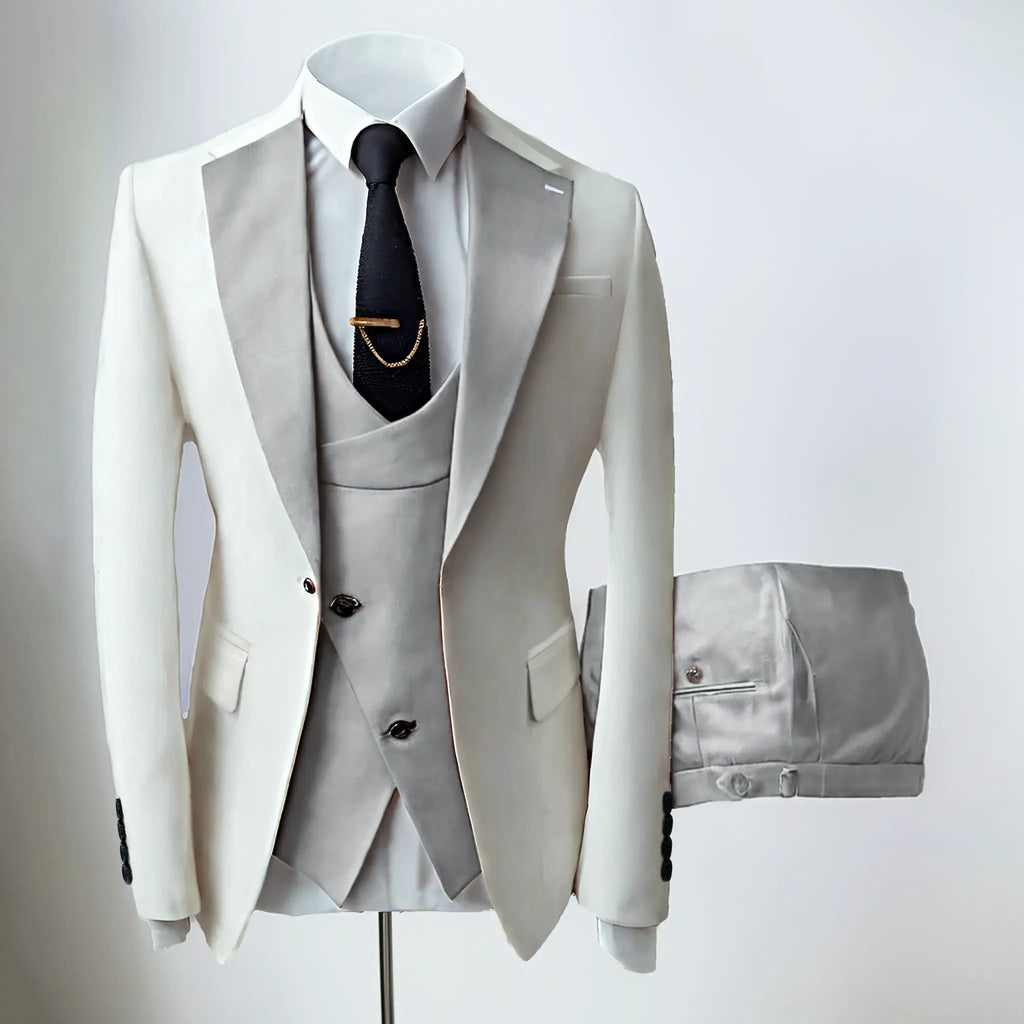Men's three-piece slim fit suit with notched lapel jacket, waistcoat and trousers