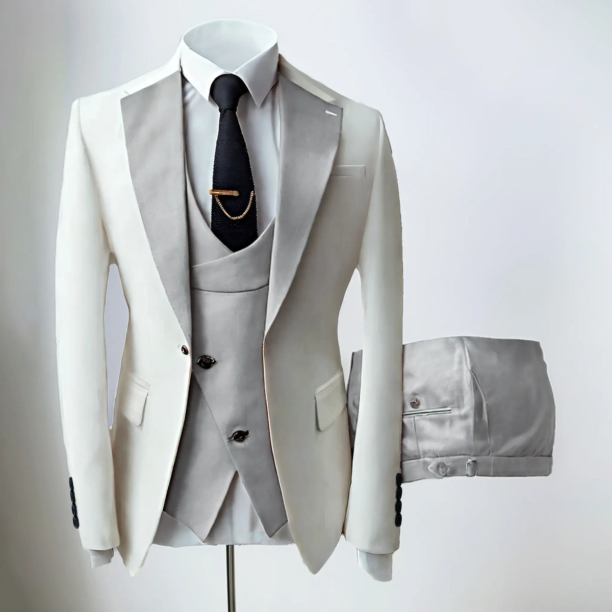 Men's three-piece slim fit suit with notched lapel jacket, waistcoat and trousers