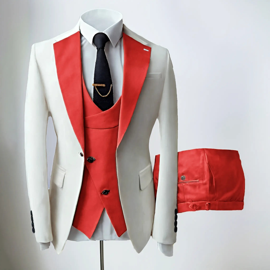 Men's three-piece slim fit suit with notched lapel jacket, waistcoat and trousers