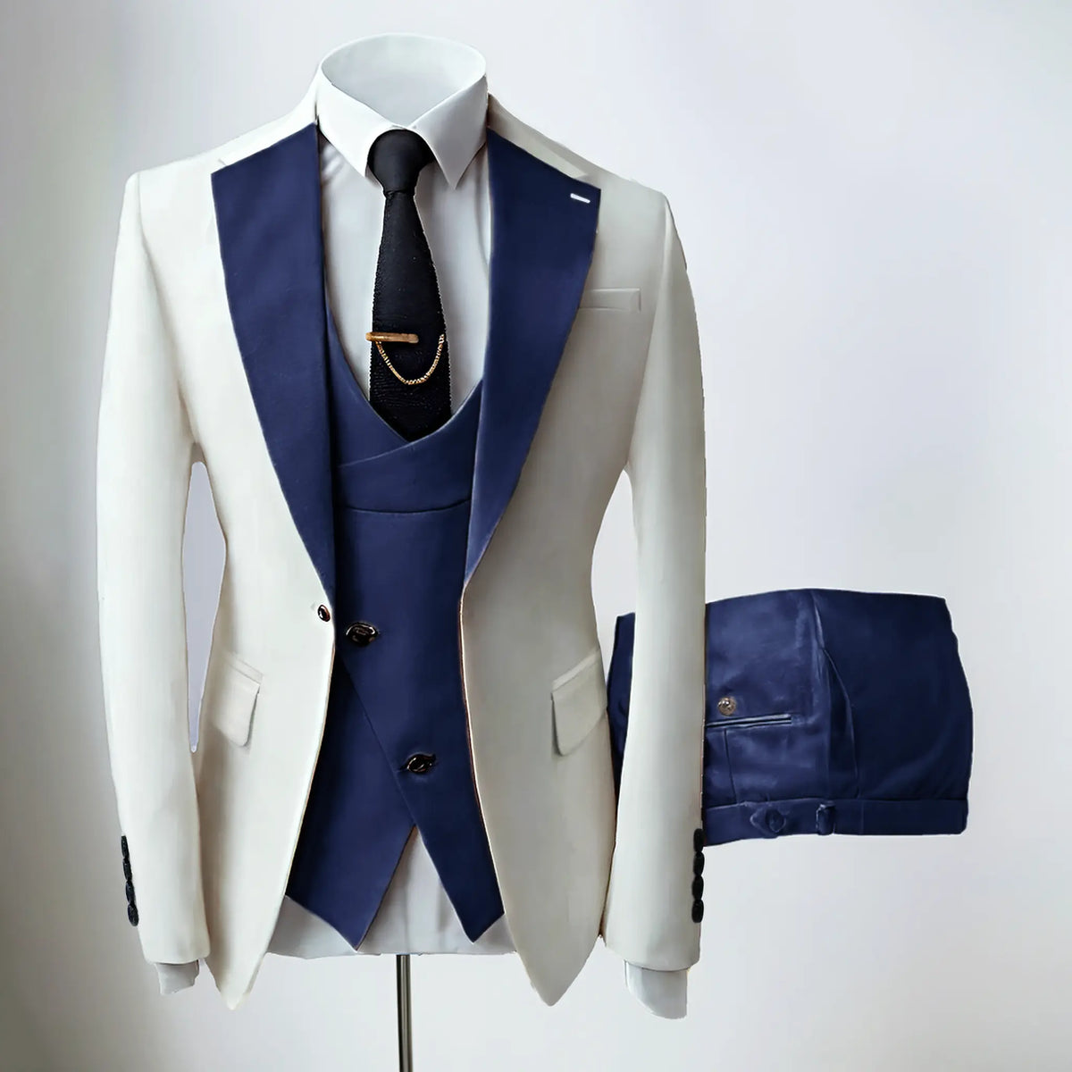 Men's three-piece slim fit suit with notched lapel jacket, waistcoat and trousers