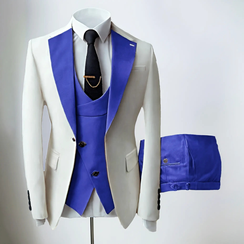 Men's three-piece slim fit suit with notched lapel jacket, waistcoat and trousers