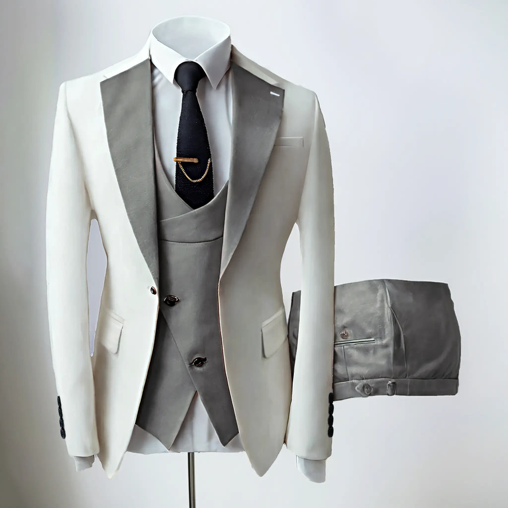 Men's three-piece slim fit suit with notched lapel jacket, waistcoat and trousers