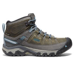 Green and grey lace-up waterproof hiking boots with chunky lugged soles