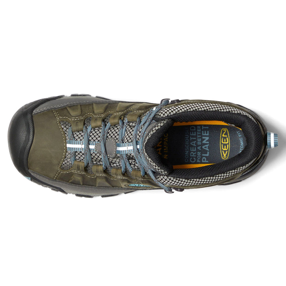Green and grey lace-up waterproof hiking boots with chunky lugged soles