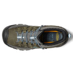 Green and grey lace-up waterproof hiking boots with chunky lugged soles