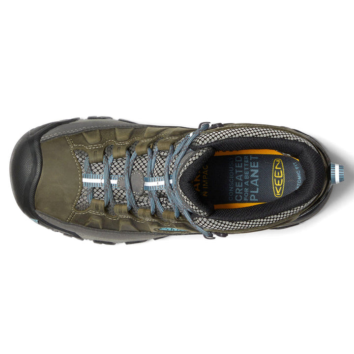 Green and grey lace-up waterproof hiking boots with chunky lugged soles