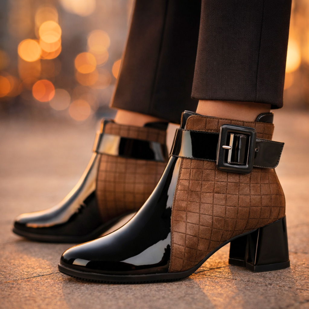 Women's quilted ankle boots with buckle strap and block heel