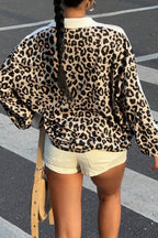Women's leopard print sweatshirt with collared V-neck and number graphic