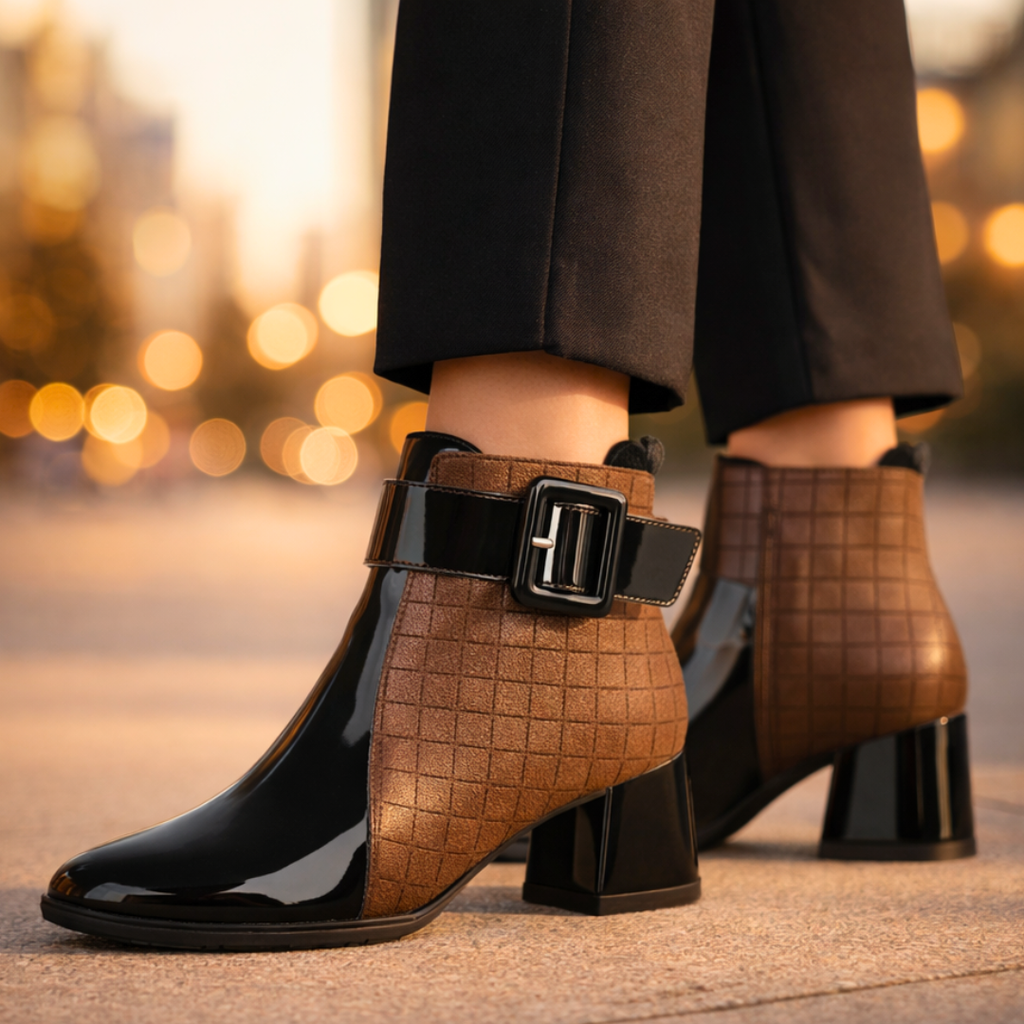 Women's quilted ankle boots with buckle strap and block heel