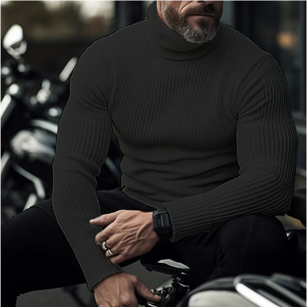 Men's slim fit ribbed turtleneck sweater with long sleeves