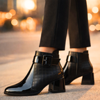 Women's quilted ankle boots with buckle strap and block heel