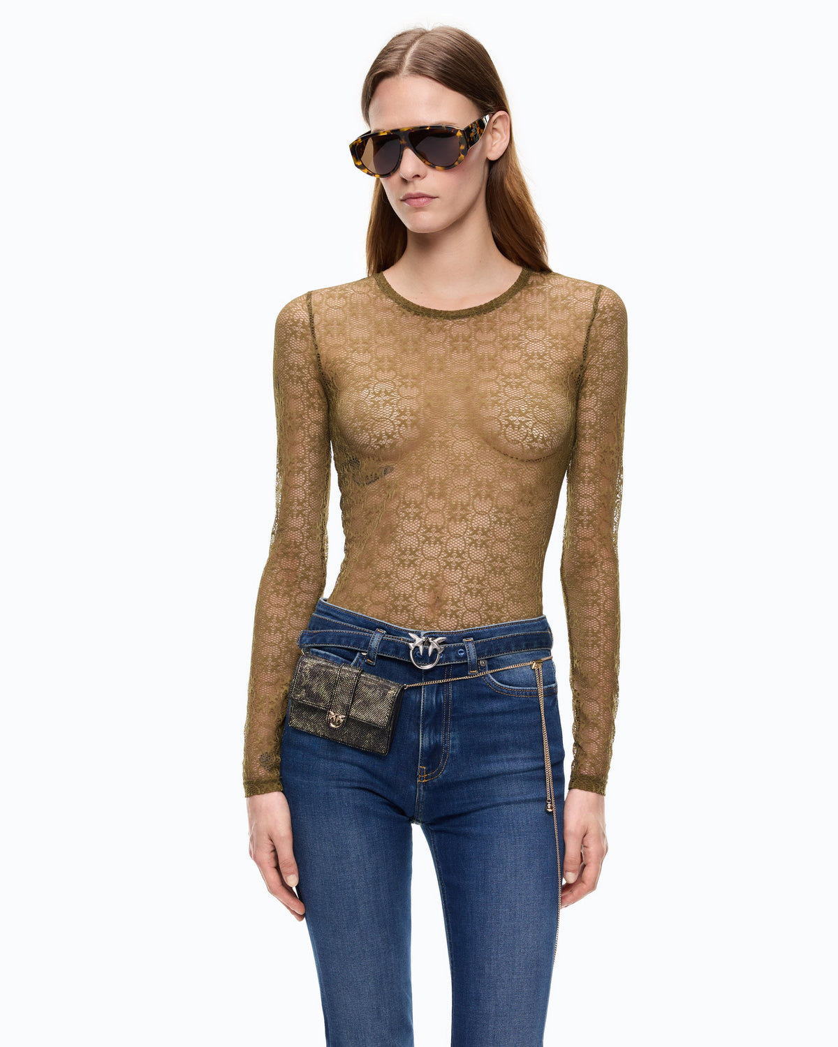 Women's olive lace top with crew neckline and long sleeves