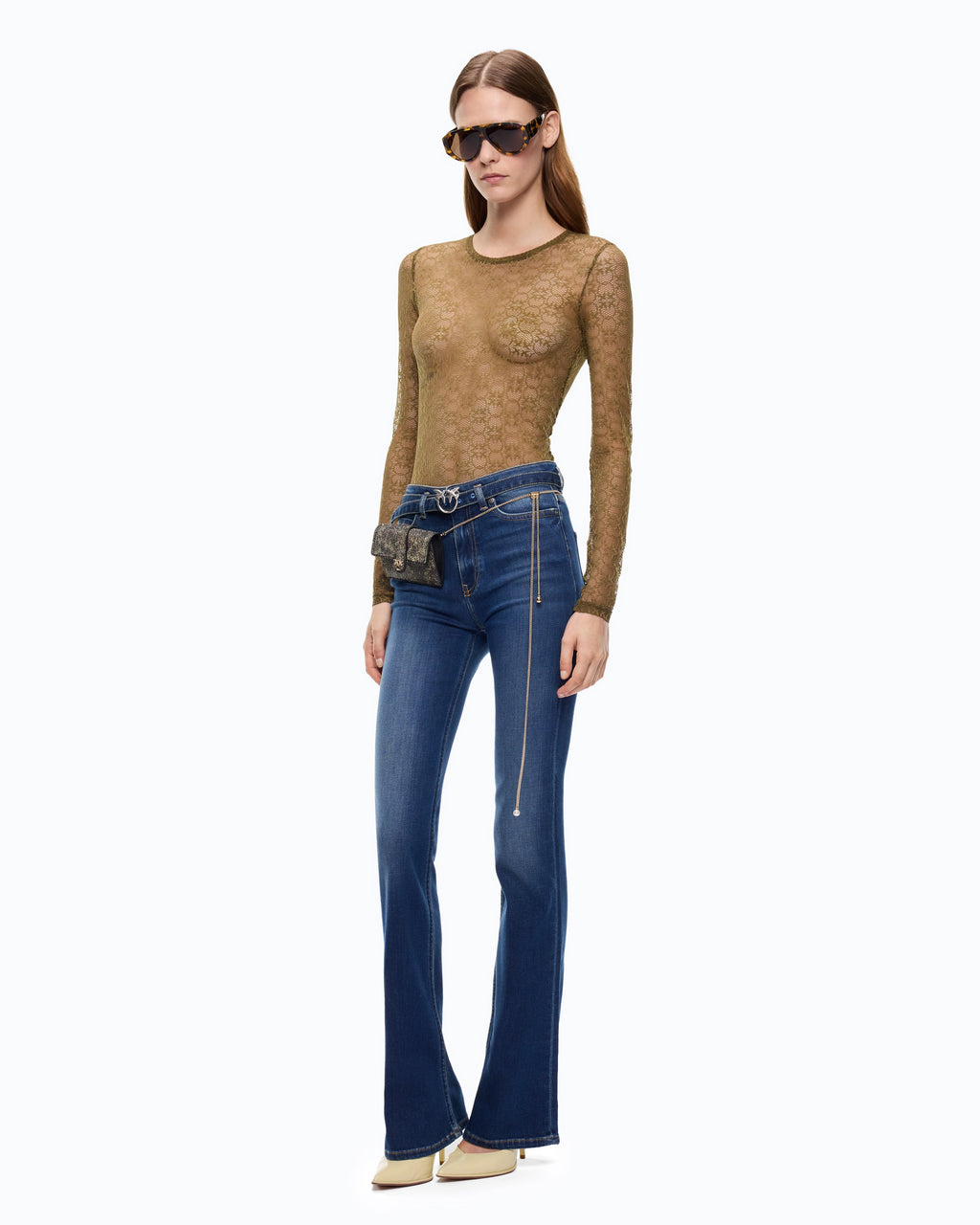 Women's olive lace top with crew neckline and long sleeves