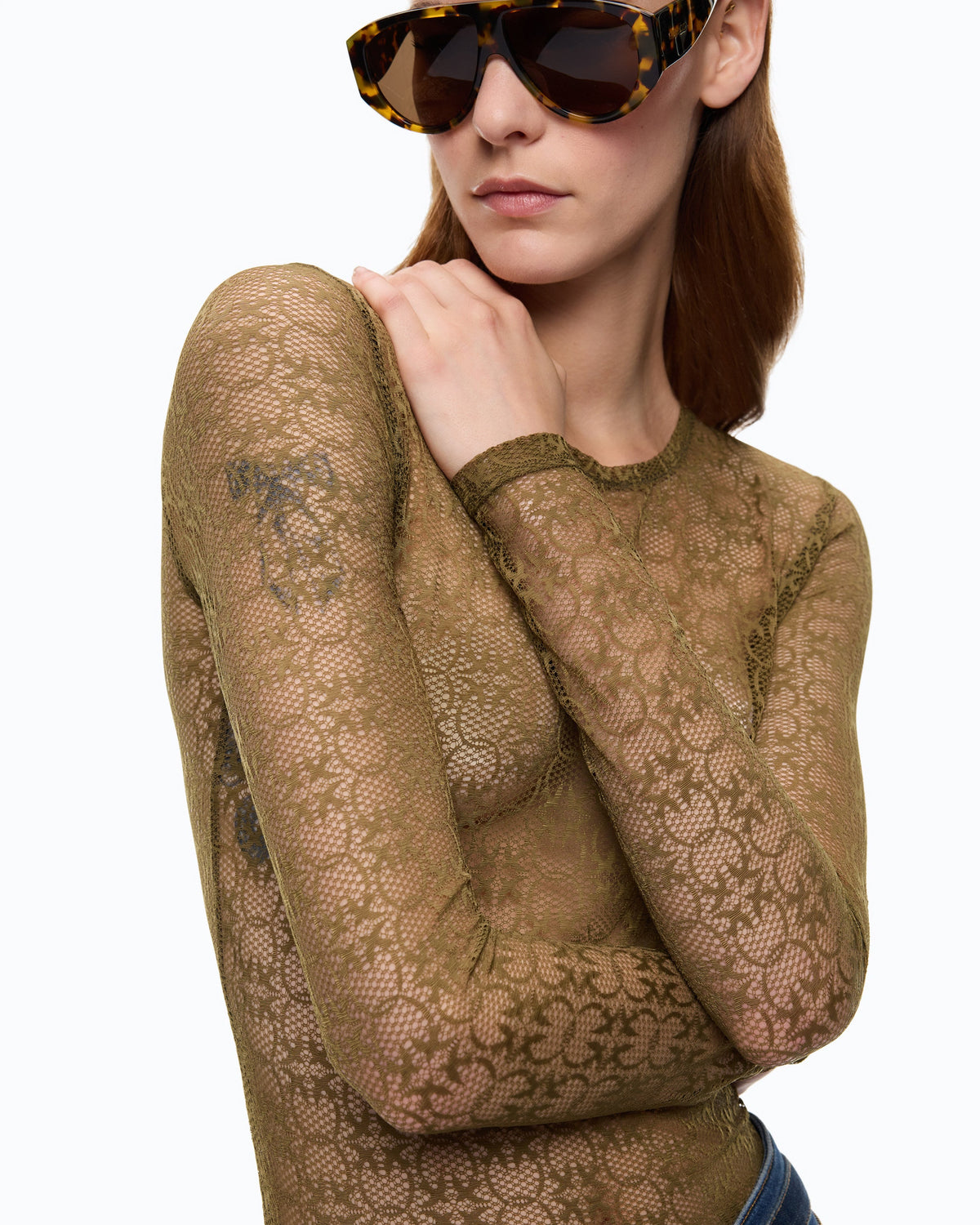 Women's olive lace top with crew neckline and long sleeves
