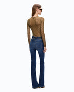 Women's olive lace top with crew neckline and long sleeves