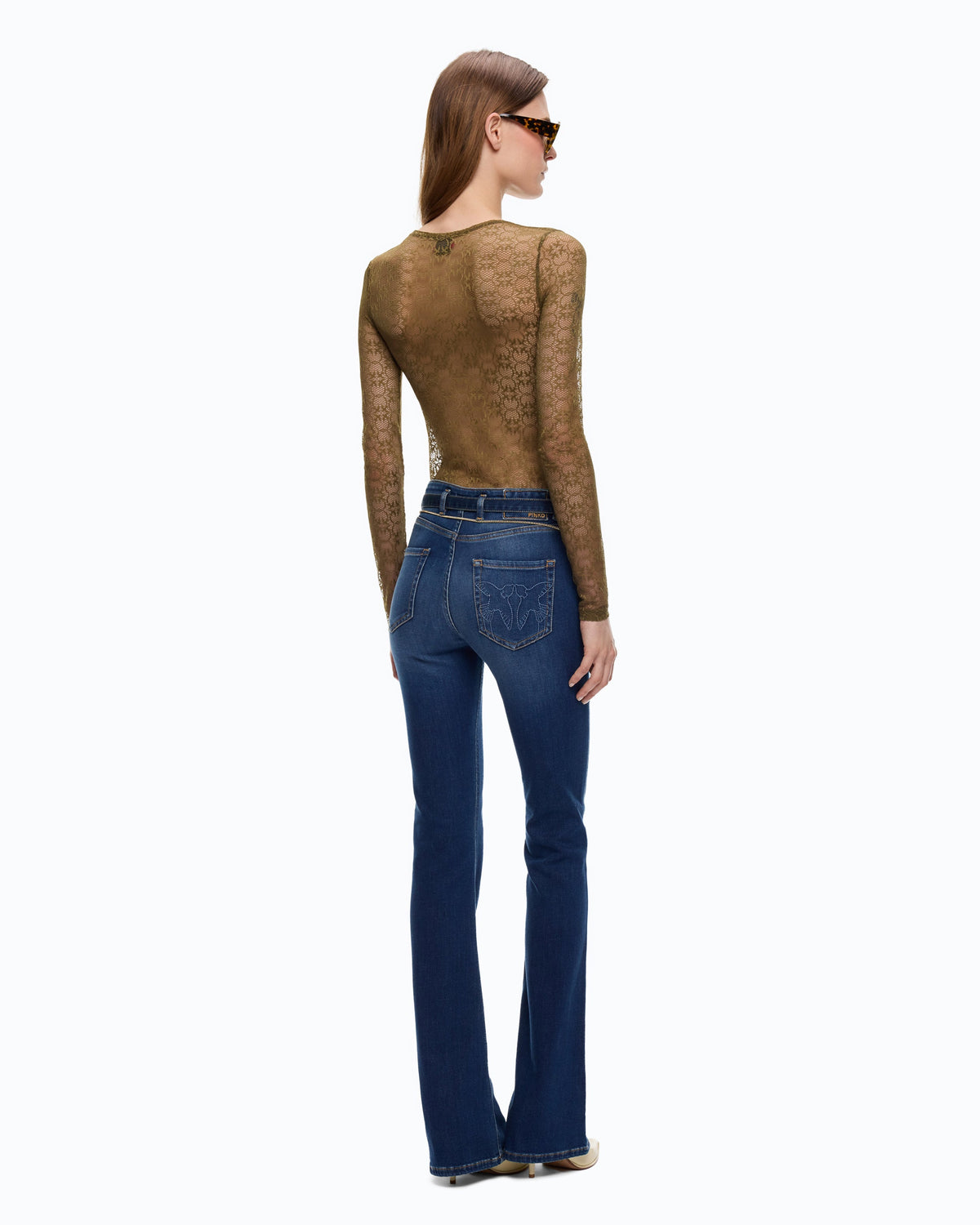 Women's olive lace top with crew neckline and long sleeves