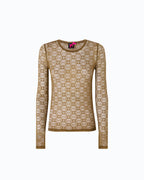 Women's olive lace top with crew neckline and long sleeves