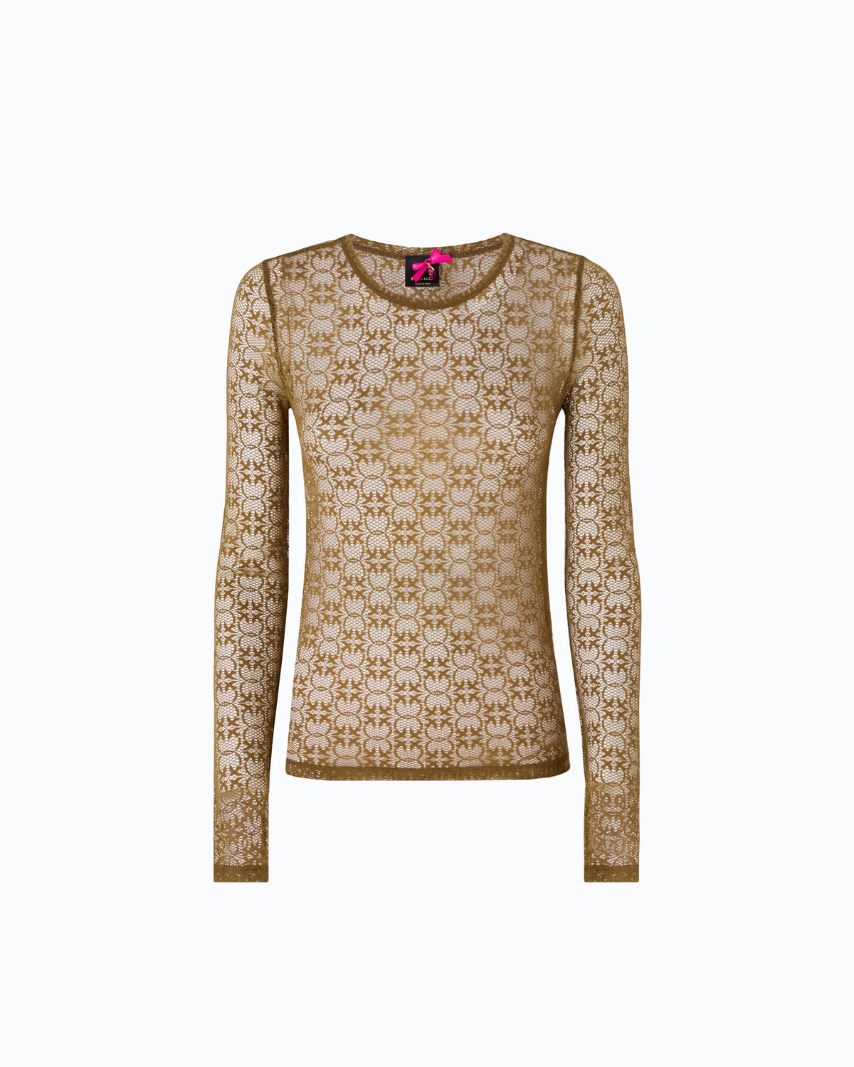 Women's olive lace top with crew neckline and long sleeves