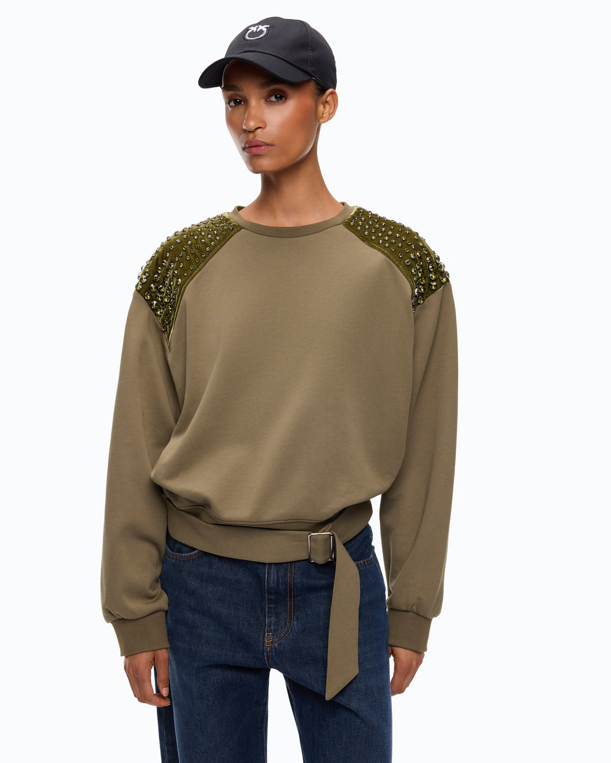 Women's green crew neck sweatshirt with embellished shoulder panels