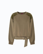 Women's green crew neck sweatshirt with embellished shoulder panels