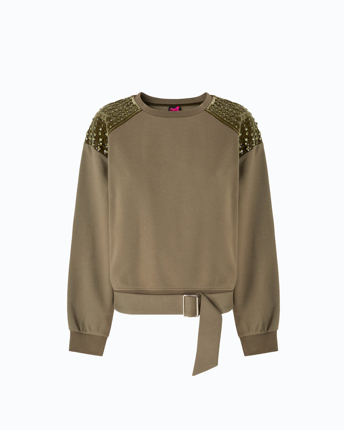 Women's green crew neck sweatshirt with embellished shoulder panels