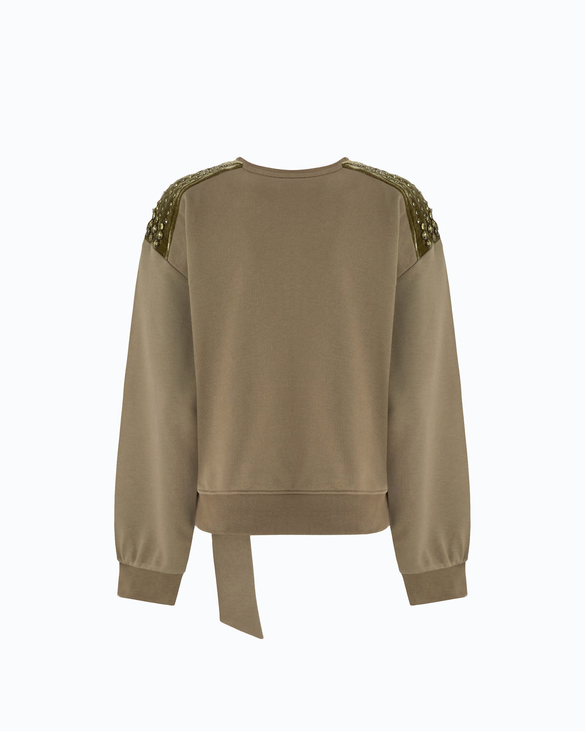 Women's green crew neck sweatshirt with embellished shoulder panels