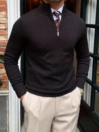 Men's stand-collar half-zip sweater with long sleeves and ribbed trims
