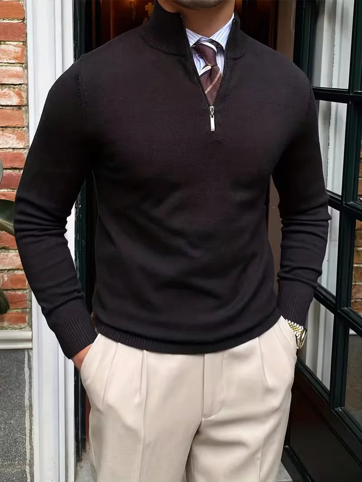 Men's stand-collar half-zip sweater with long sleeves and ribbed trims