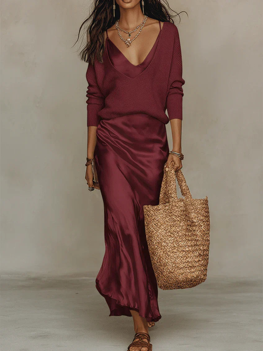 Women's plain midi dress and long-sleeved V-neck sweater set