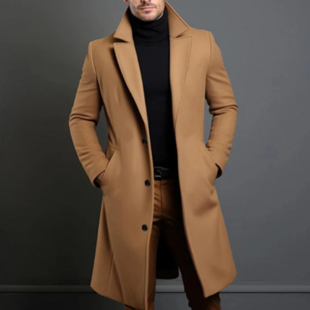 Men's long button-front overcoat with notched lapels and side pockets