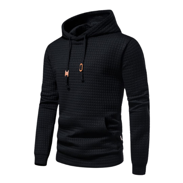 Men's long-sleeve quilted textured hoodie with drawstring hood and front pouch pocket