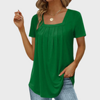 Women's short-sleeve pleated blouse with square neckline