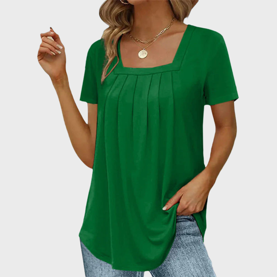 Women's short-sleeve pleated blouse with square neckline