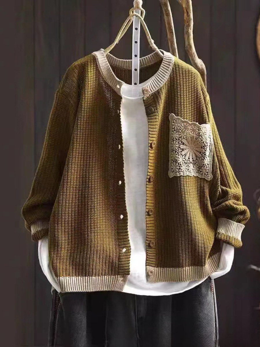 Women's knitted cardigan with button front, ribbed trims and decorative crochet-style chest pocket