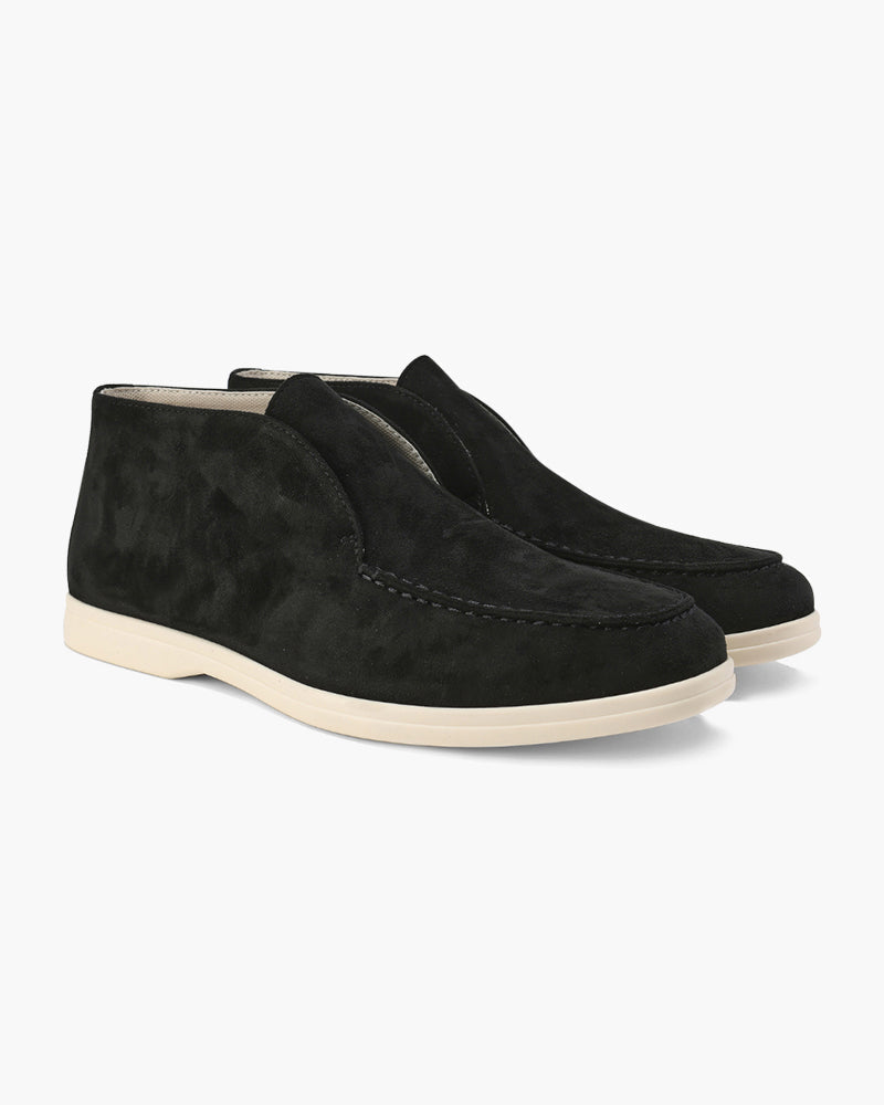 Suede loafers with moc stitching and contrasting light soles