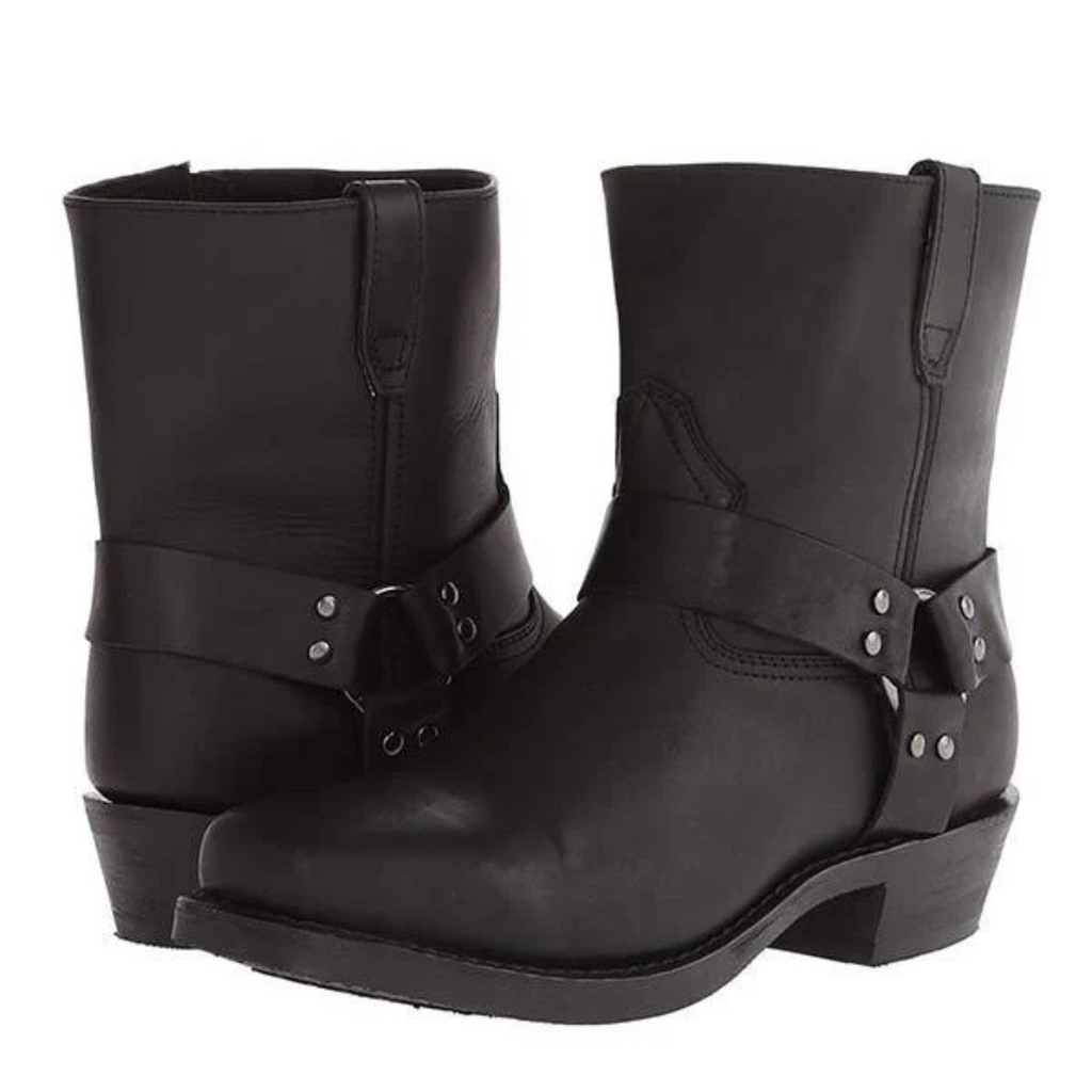 Men's cowboy boots with western strap detailing and low block heels