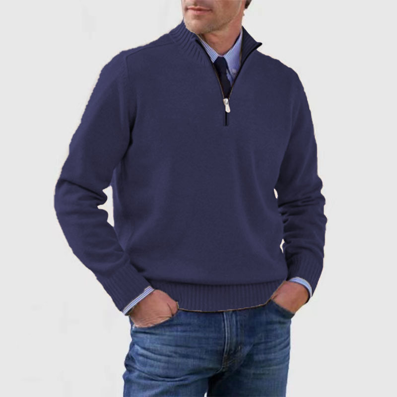 Men's quarter zip mock neck jumper with long sleeves and ribbed trims
