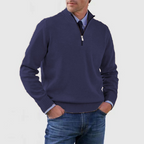 Men's quarter zip mock neck jumper with long sleeves and ribbed trims