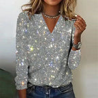Women's sequin V-neck jumper with long sleeves and sparkle finish