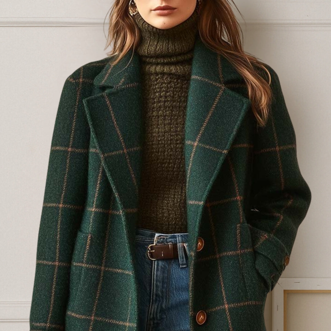 Women's long checkered coat with notched lapels and button front