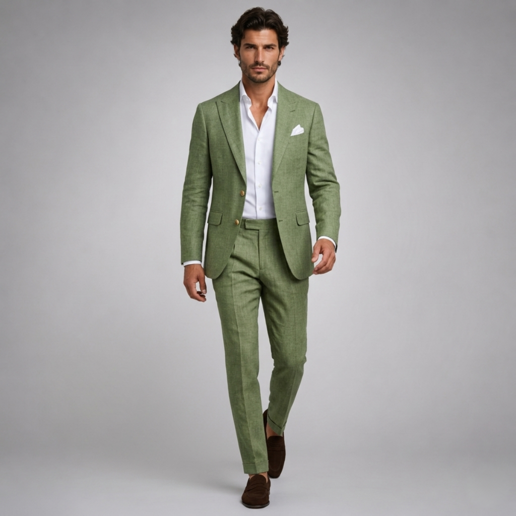 Men's slim fit two piece suit with button blazer and long trousers