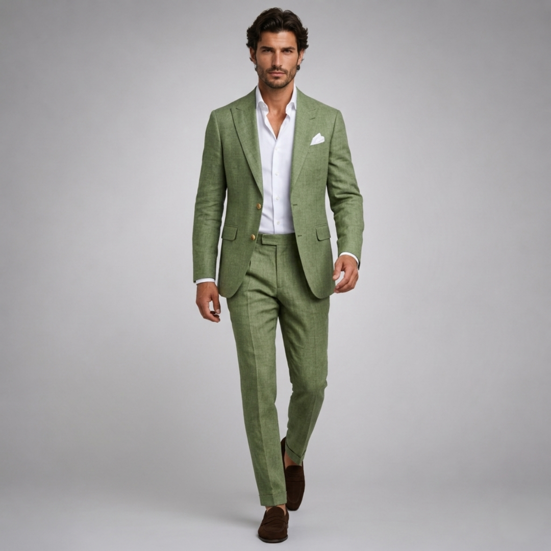 Men's slim fit two piece suit with button blazer and long trousers