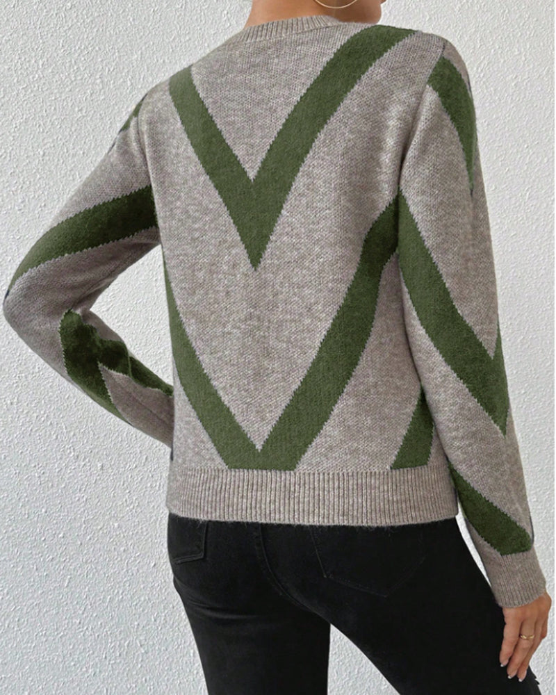 Women's geometric pattern crew neck sweater with long sleeves