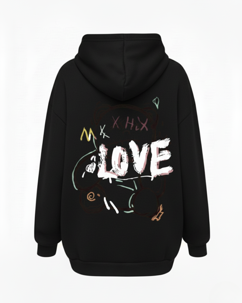 Unisex oversized hooded sweatshirt with illustrated LOVE graphic on the back
