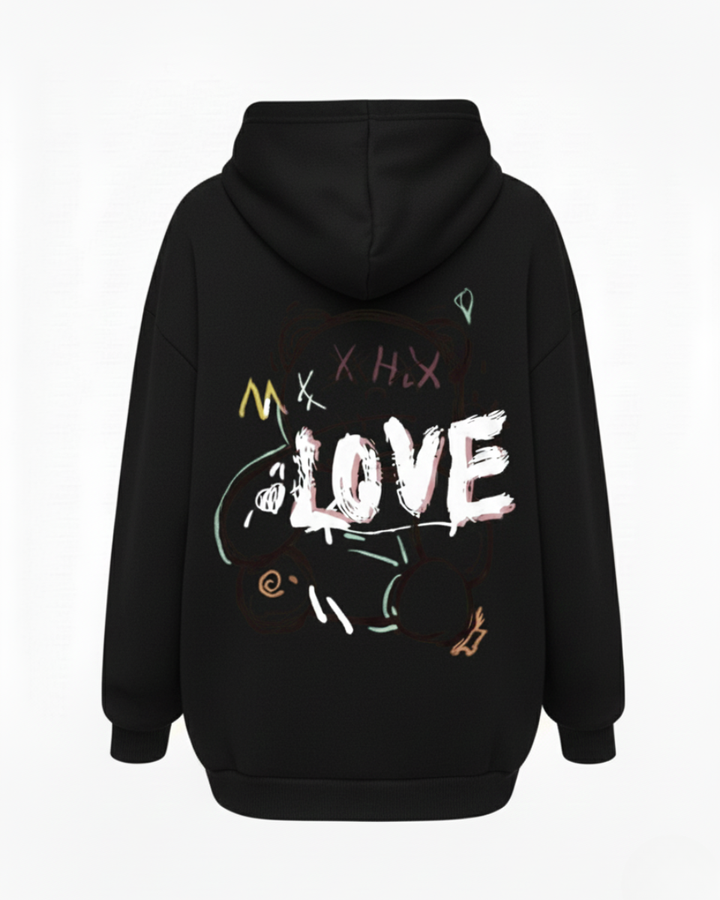 Unisex oversized hooded sweatshirt with illustrated LOVE graphic on the back