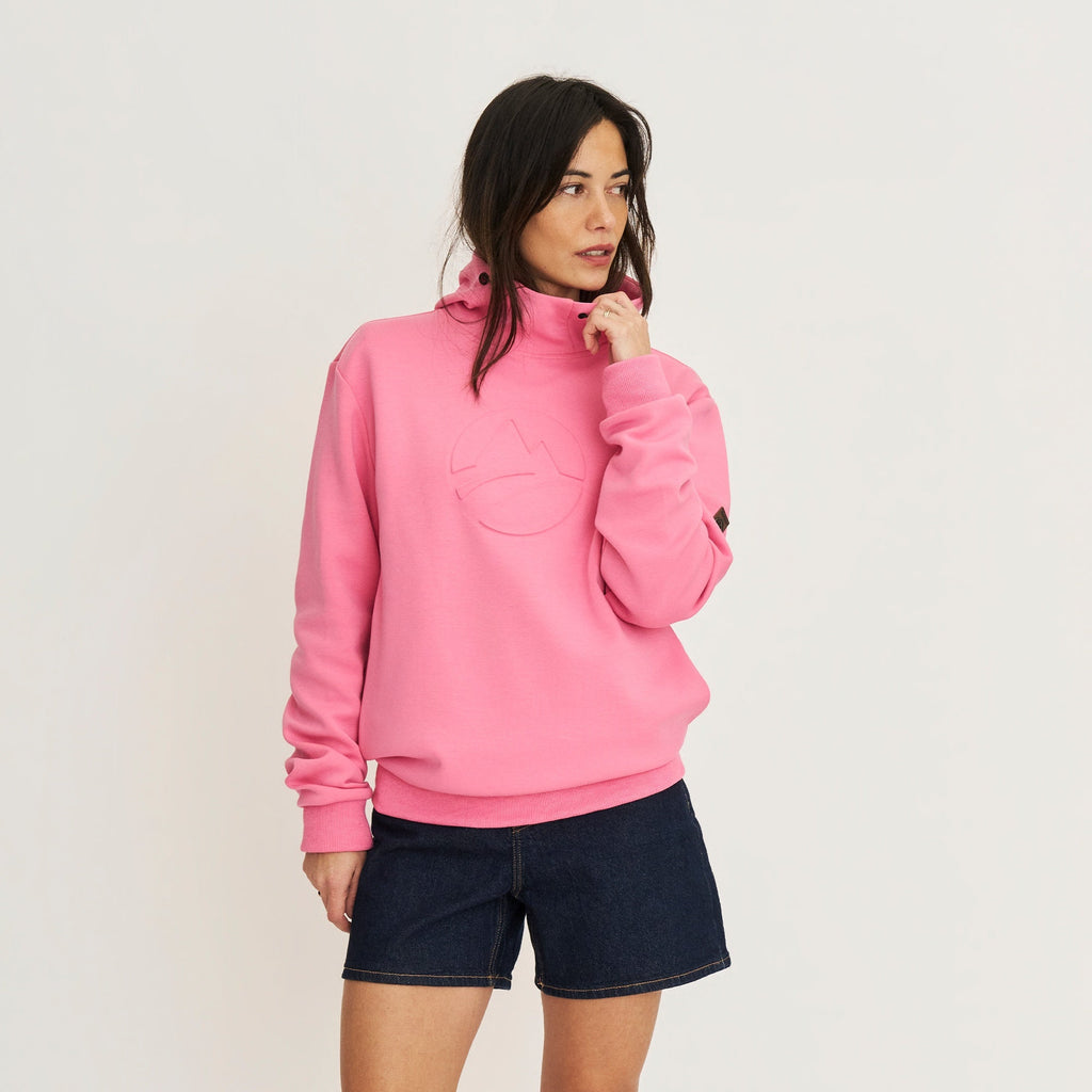 Women's pink hooded sweatshirt with long sleeves and ribbed trims