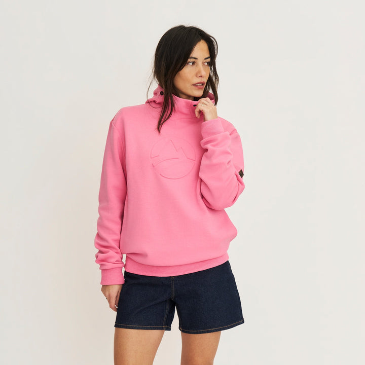 Women's pink hooded sweatshirt with long sleeves and ribbed trims