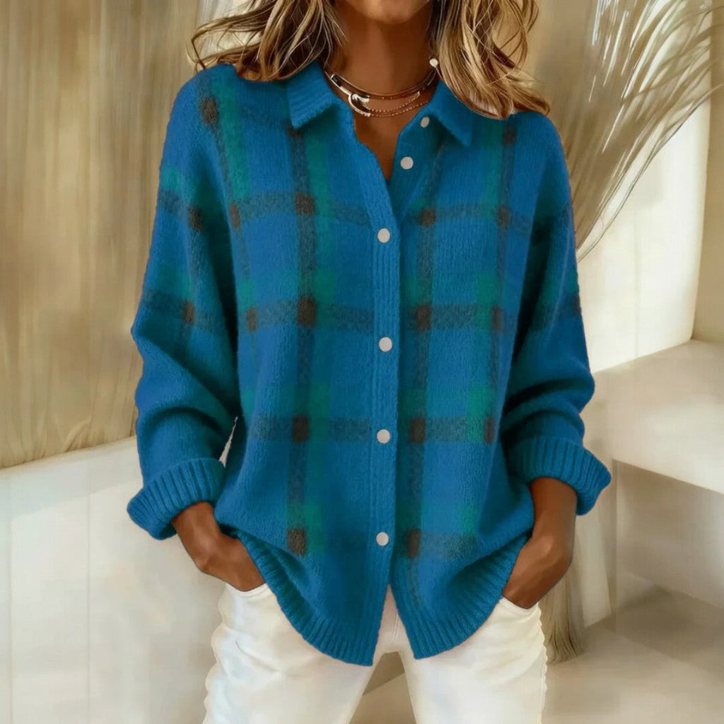 Women's checked button-front sweater with collar and ribbed trims