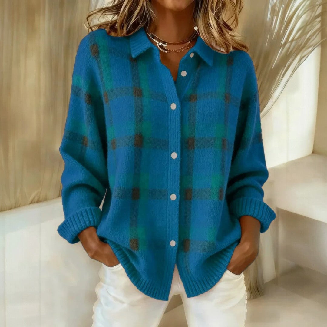 Women's checked button-front sweater with collar and ribbed trims