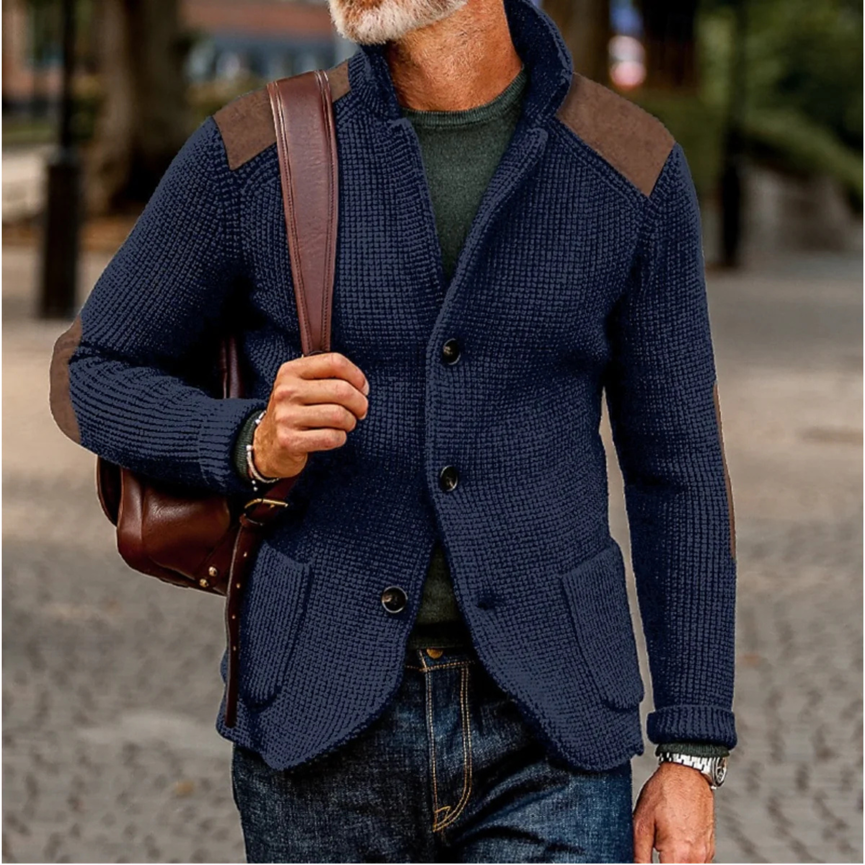 Men's chunky knit button front cardigan blazer